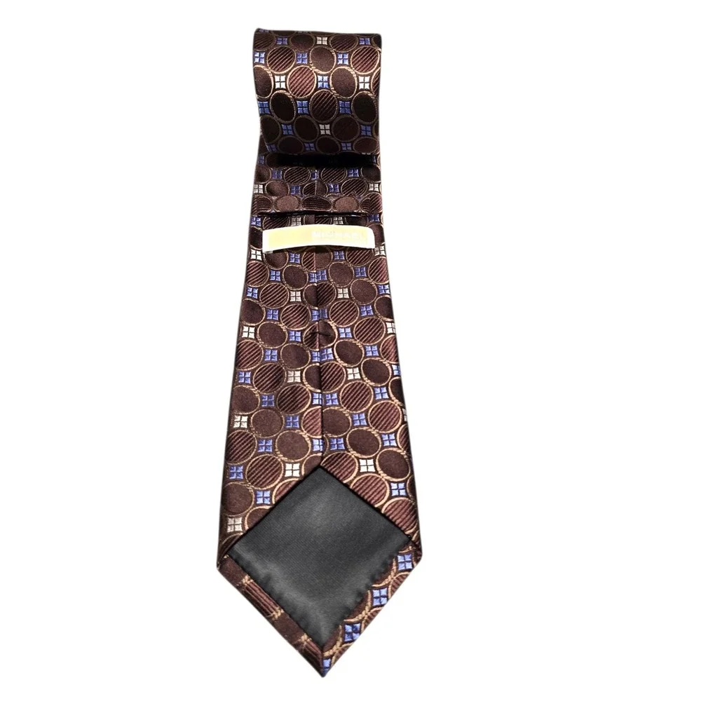 Michael Kors Silk Luxury Tie Black Blue Tan Brown Geometric Circles Men‎ Necktie